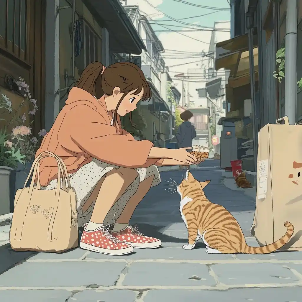 Miyazaki Woman Feeding Cats Midjourney提示词