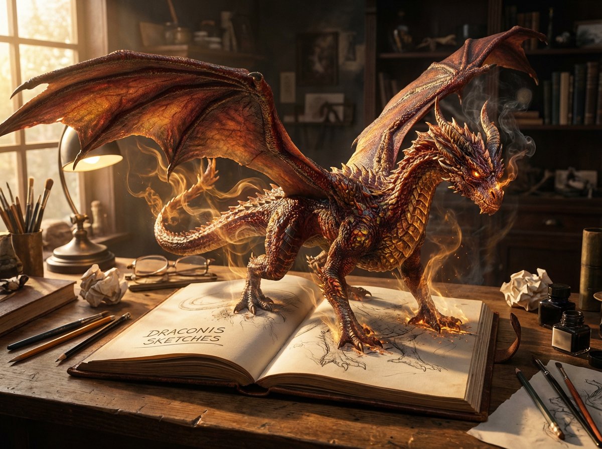 Epic Dragon Art: Photorealistic Fantasy Emerging from Book Nano Banana提示词