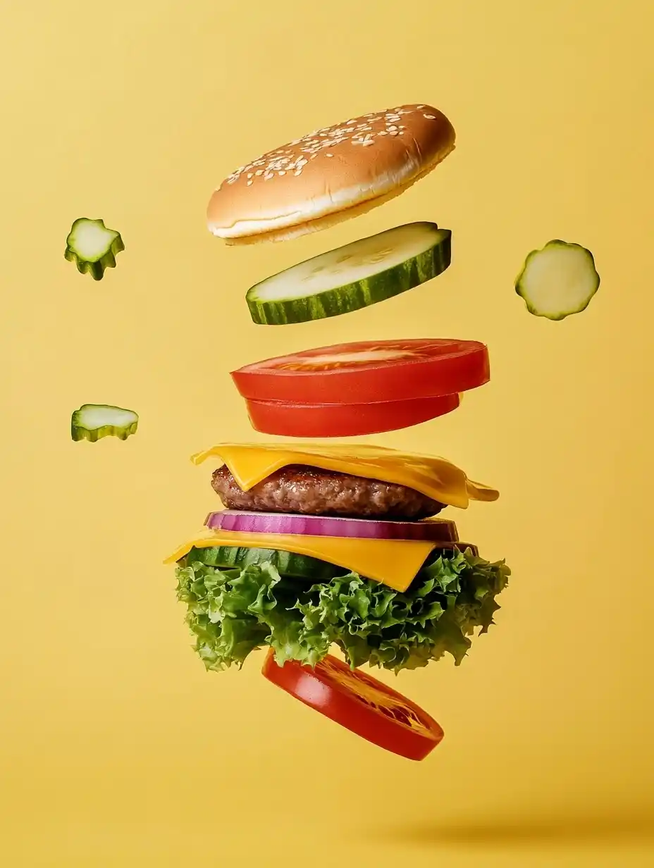 Flying Cheeseburger Ingredients Minimalism Midjourney提示词