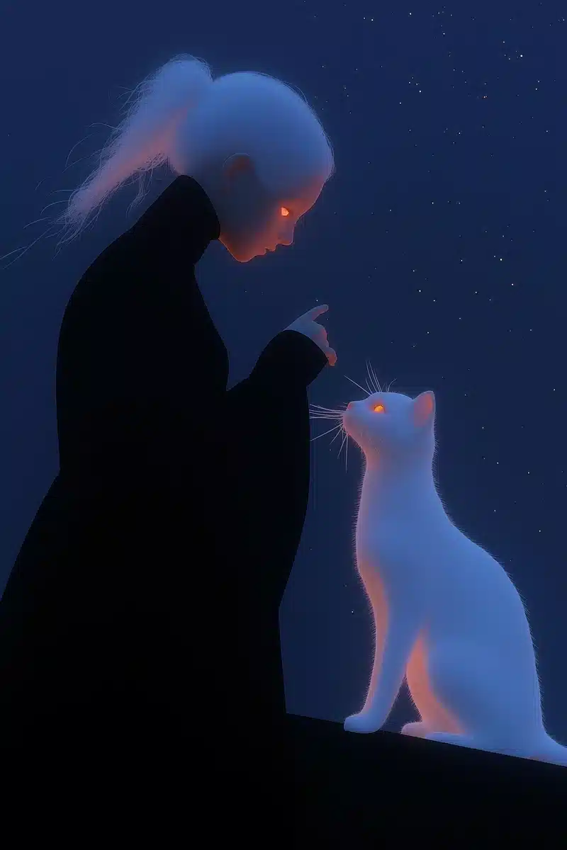 Moonlit Girl with Cat Midjourney提示词