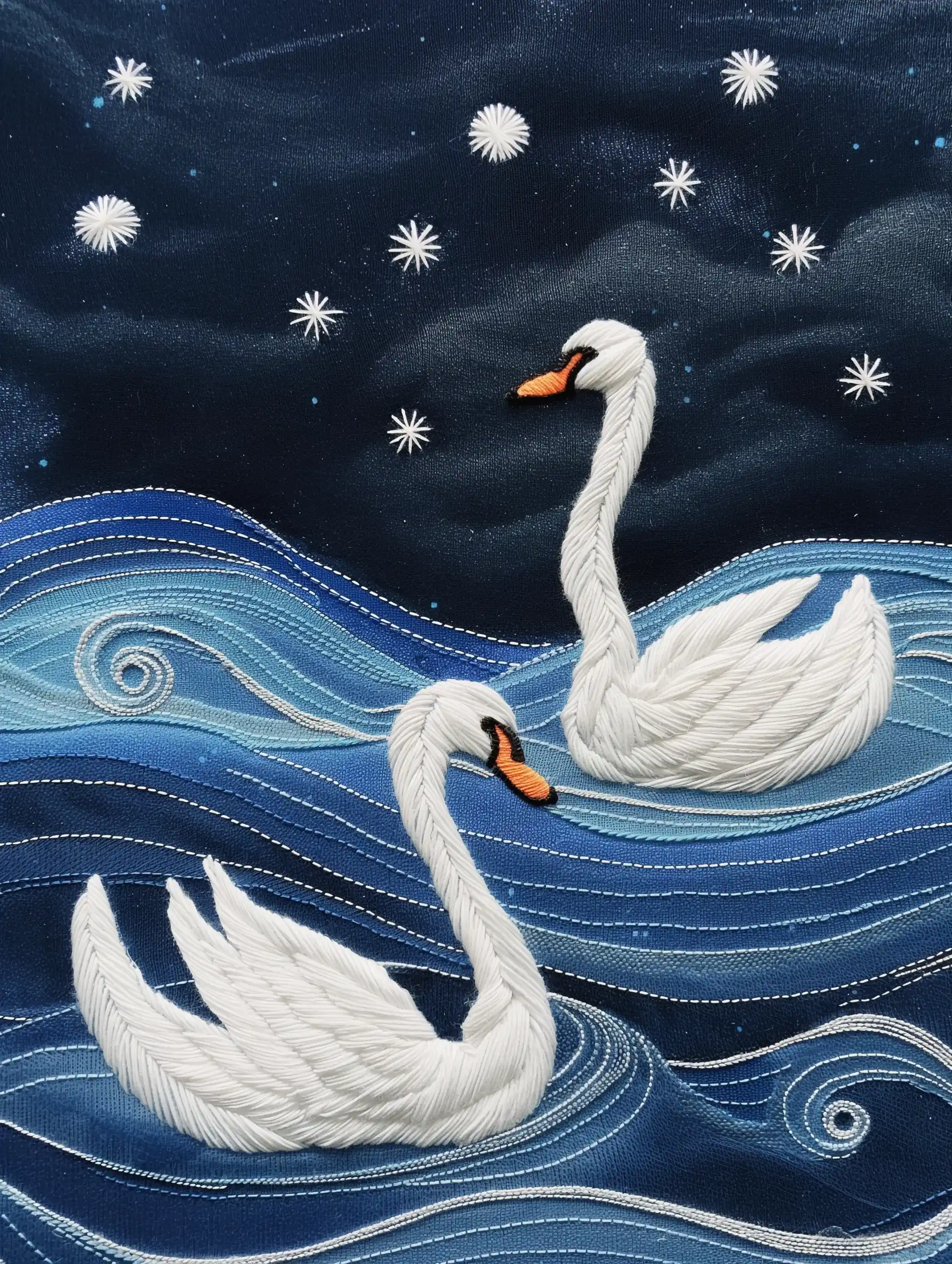 Swan Embroidery Night Midjourney提示词