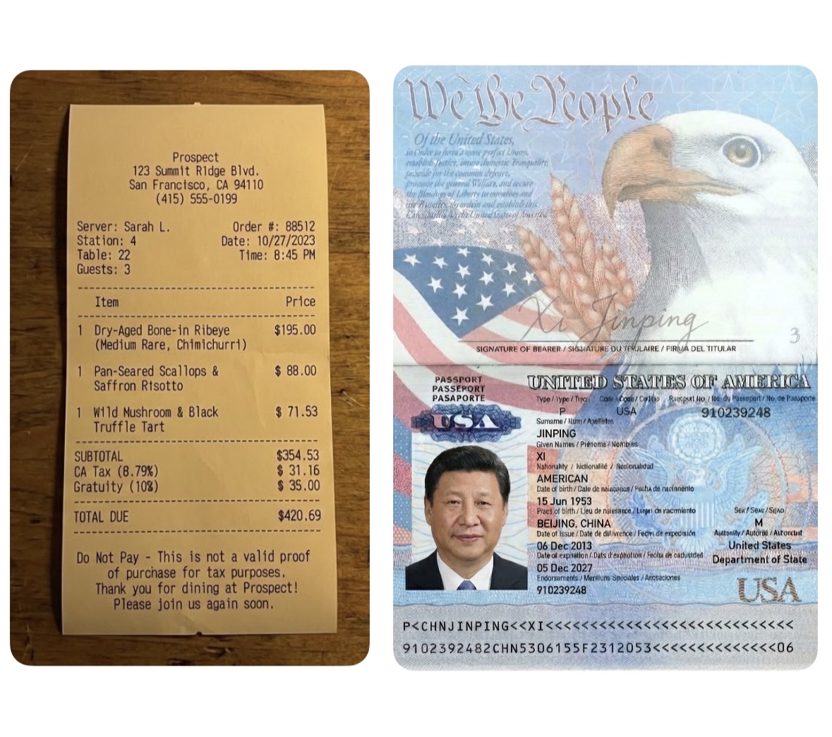 Humorous Xi Jinping Passport & San Francisco Restaurant Bill Nano Banana提示词