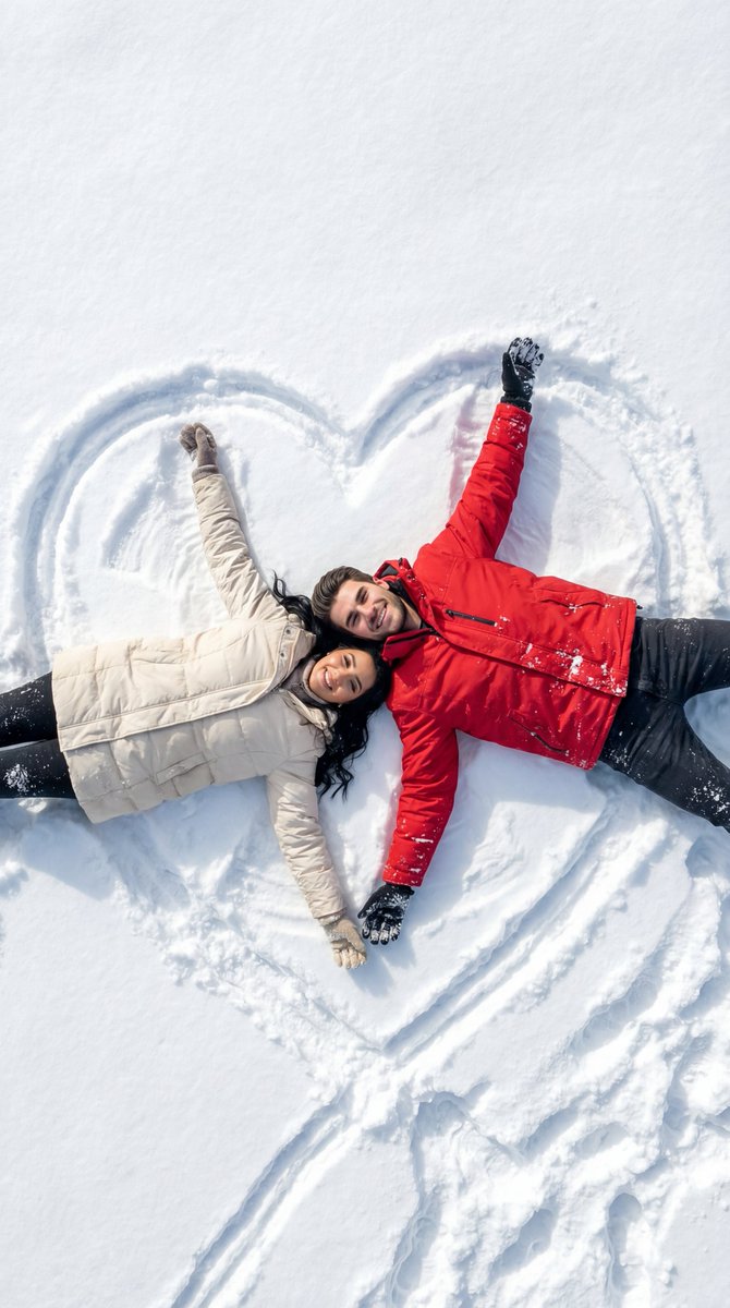 Couple Making Snow Angels in Heart | Winter Romance Photo Nano Banana提示词