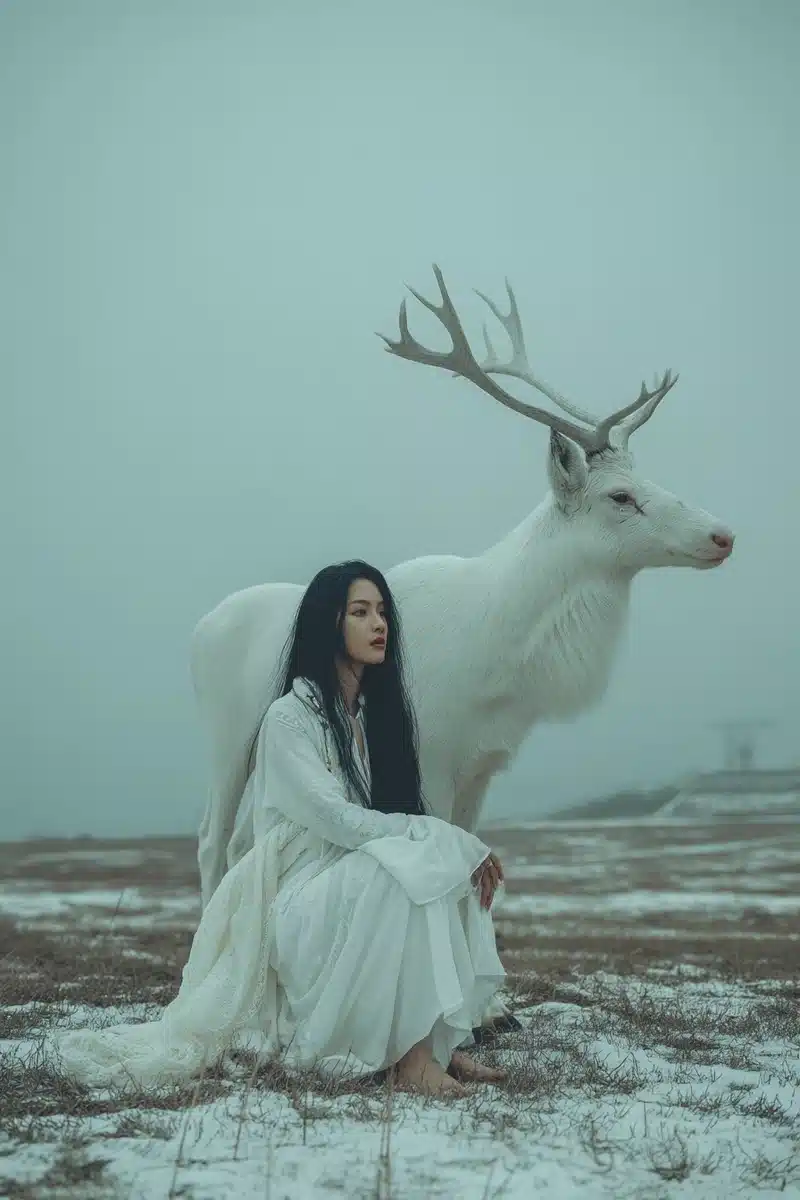 Asian Woman with White Deer Midjourney提示词