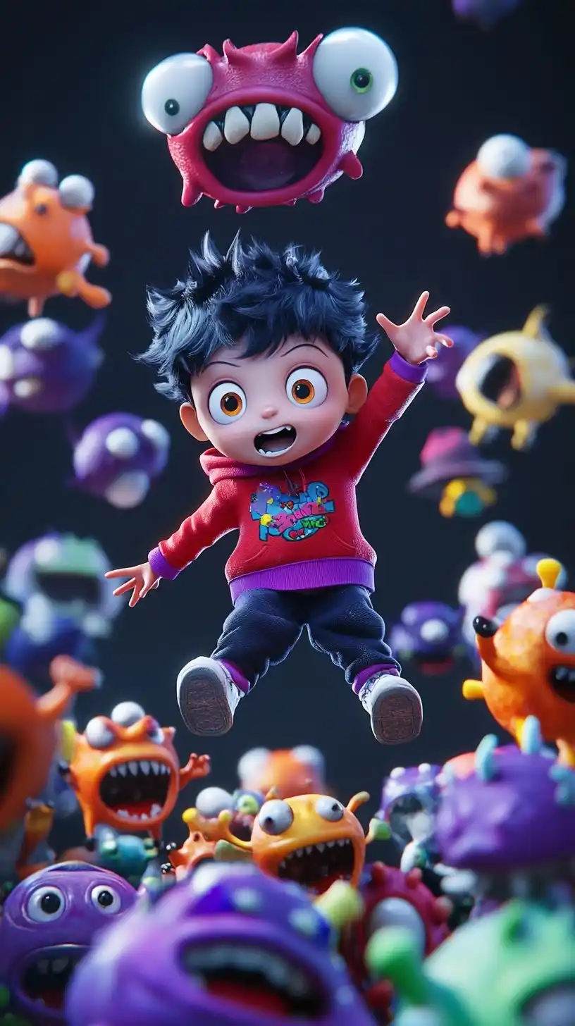 3D Cartoon Boy with Aliens Midjourney提示词