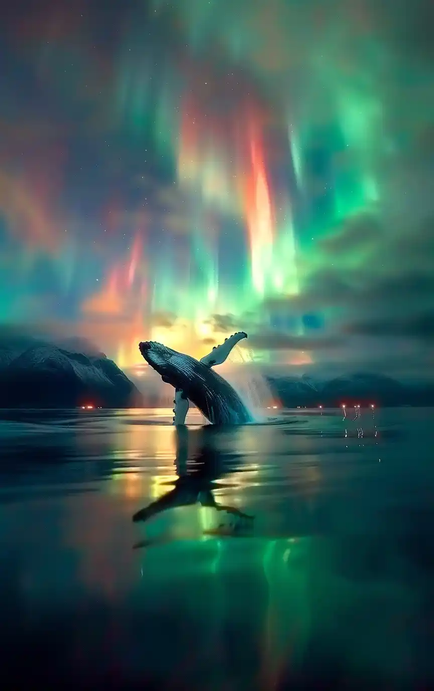 Vibrant Aurora Whale Capture Midjourney提示词