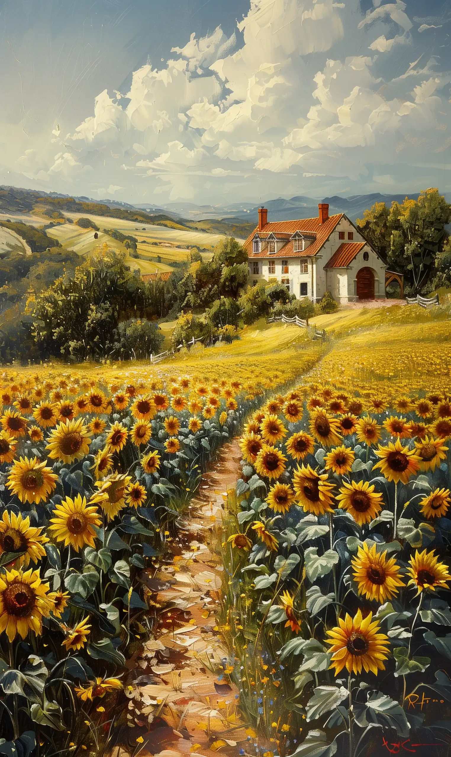 Traditional Sunflower Farmhouse Midjourney提示词