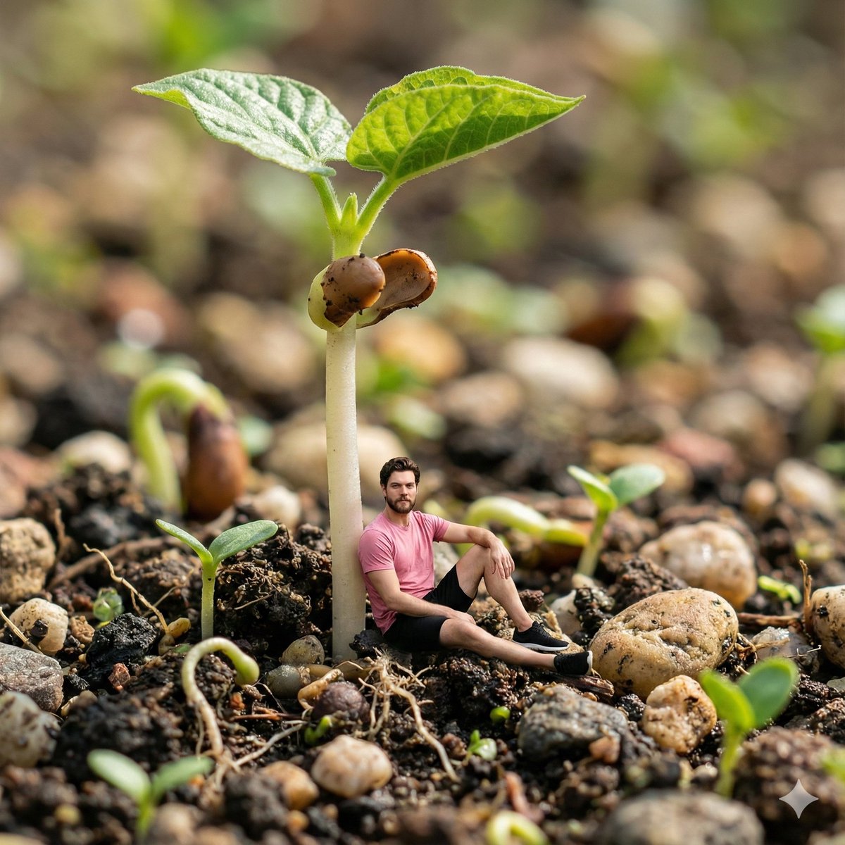Miniature Man Resting on Plant Seedling - Photorealistic Nano Banana提示词