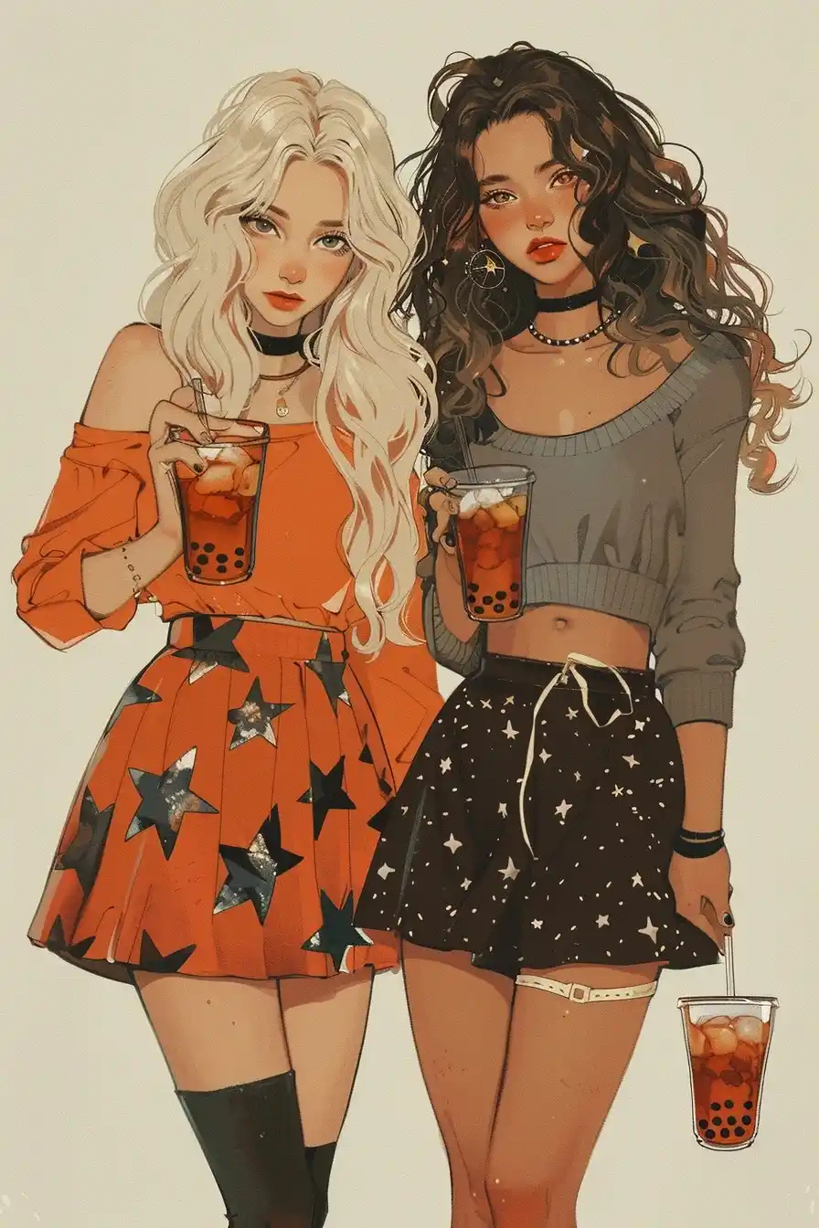 Anime Boba Tea Duo Midjourney提示词