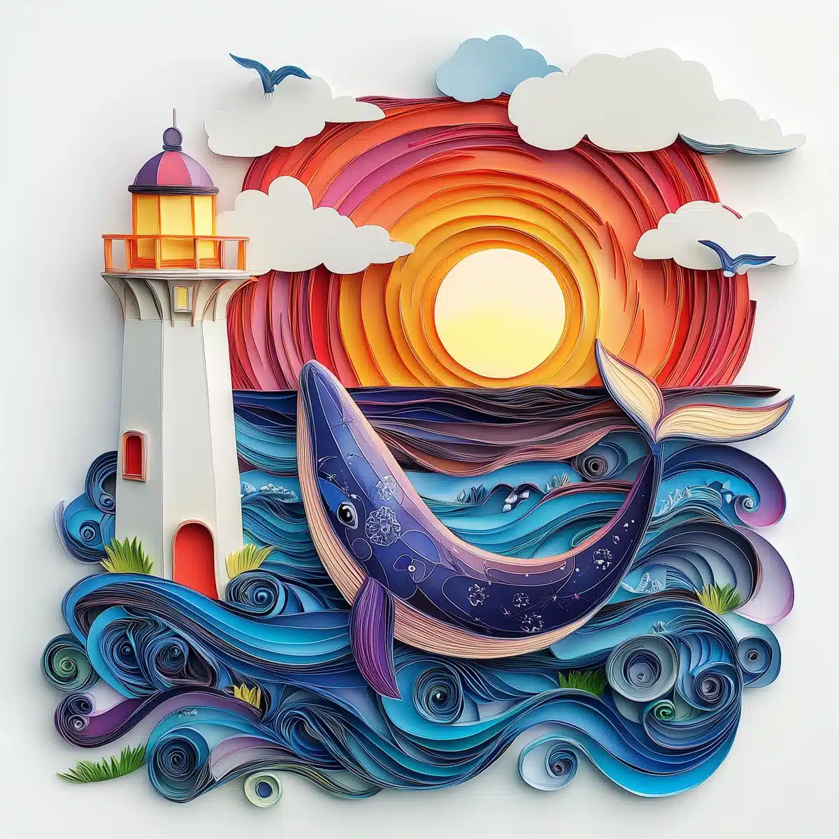 Colorful Quilled Lighthouse and Whale Midjourney提示词
