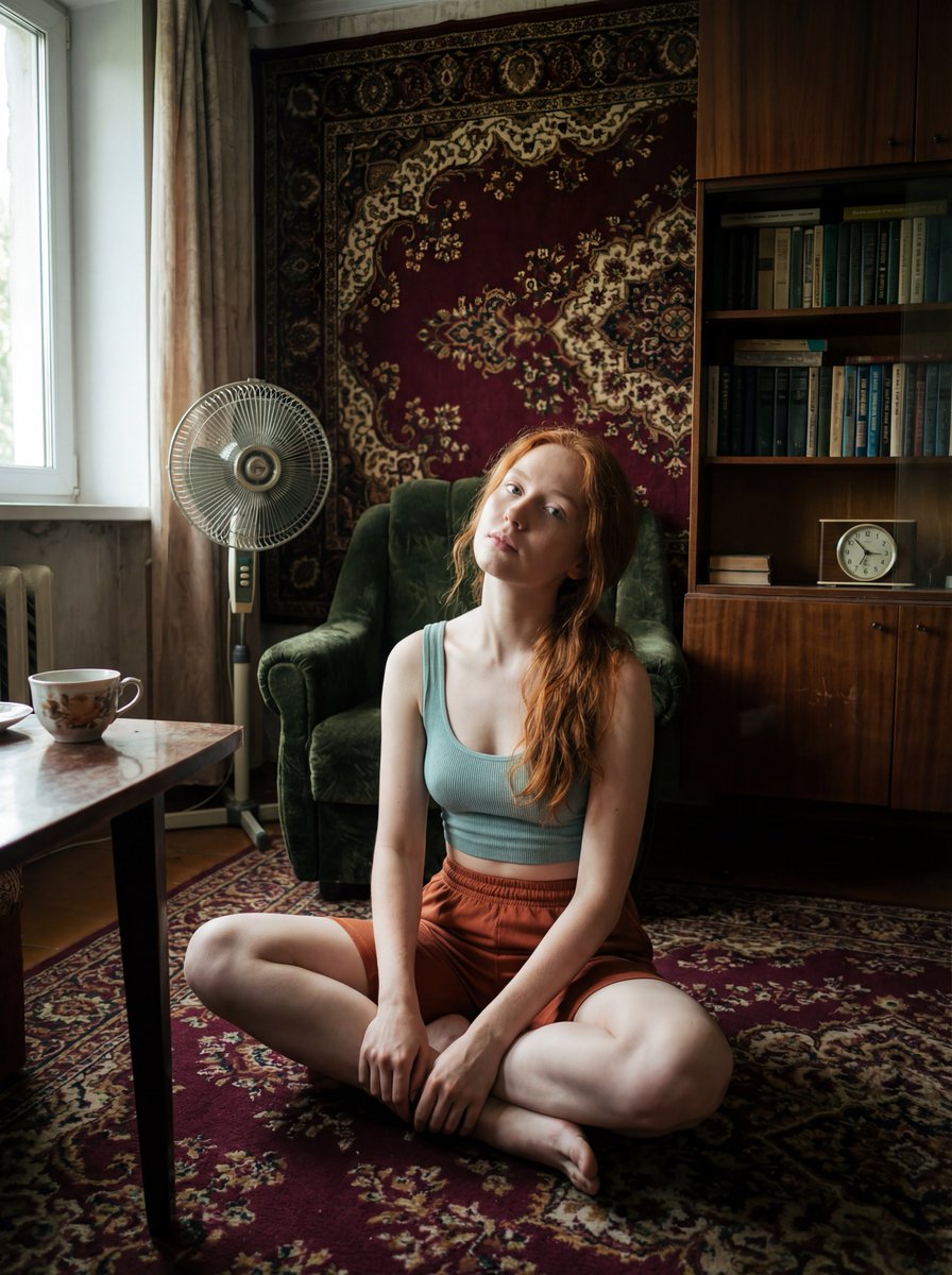 Redhead Woman Indoor Portrait - Vintage Aesthetic Nano Banana提示词