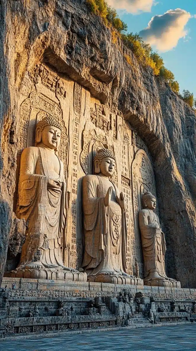 Golden Buddha Grottoes Dusk Midjourney提示词