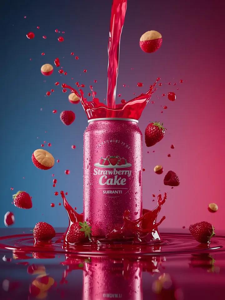 Vibrant Strawberry Cake Drink Can with Liquid Splash Nano Banana提示词