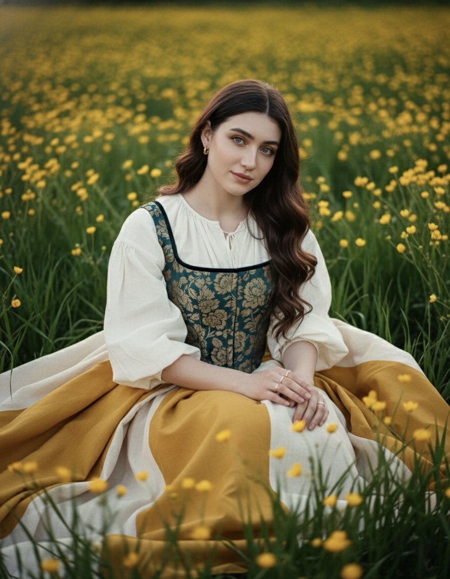 Elegant Woman Portrait in Yellow Flower Field Dress Nano Banana提示词