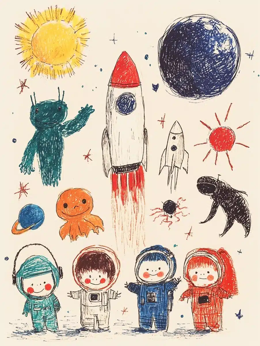 Cute Astronauts with Space Elements Midjourney提示词