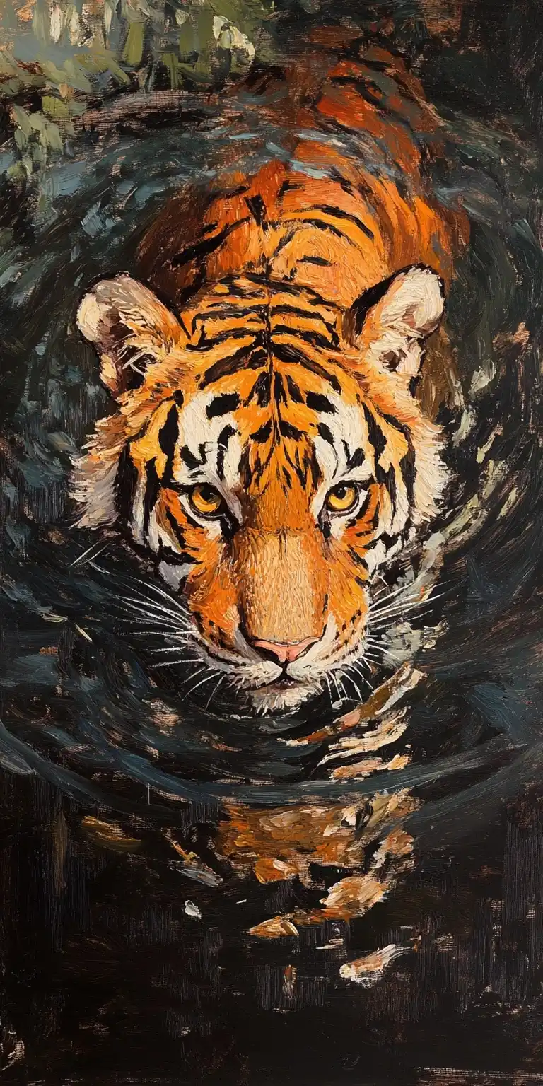 Monets Tiger in Water Midjourney提示词