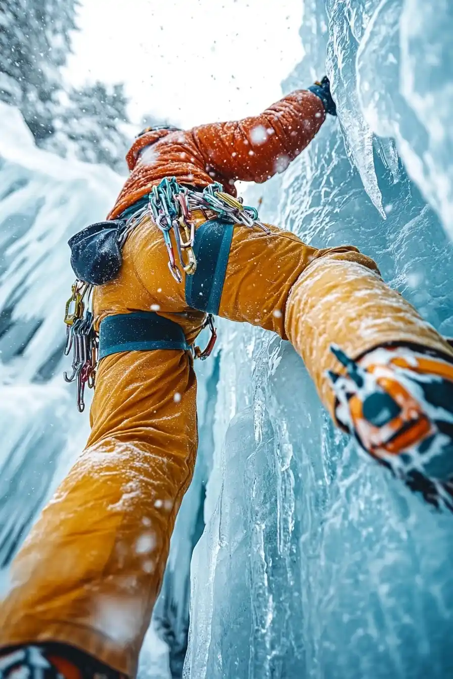 Climber Ascending Icy Waterfall Midjourney提示词