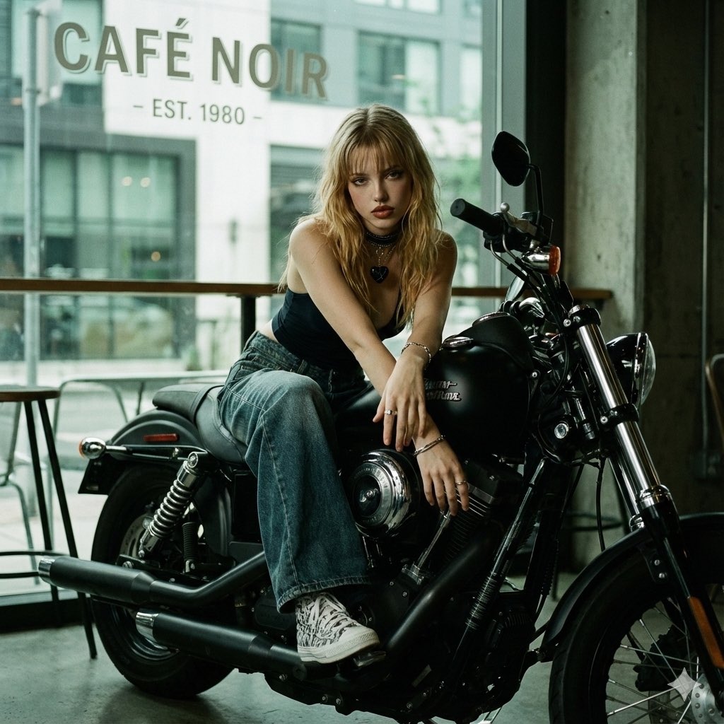 Edgy Woman on Motorcycle in Cafe - Urban Fashion Photography Nano Banana提示词