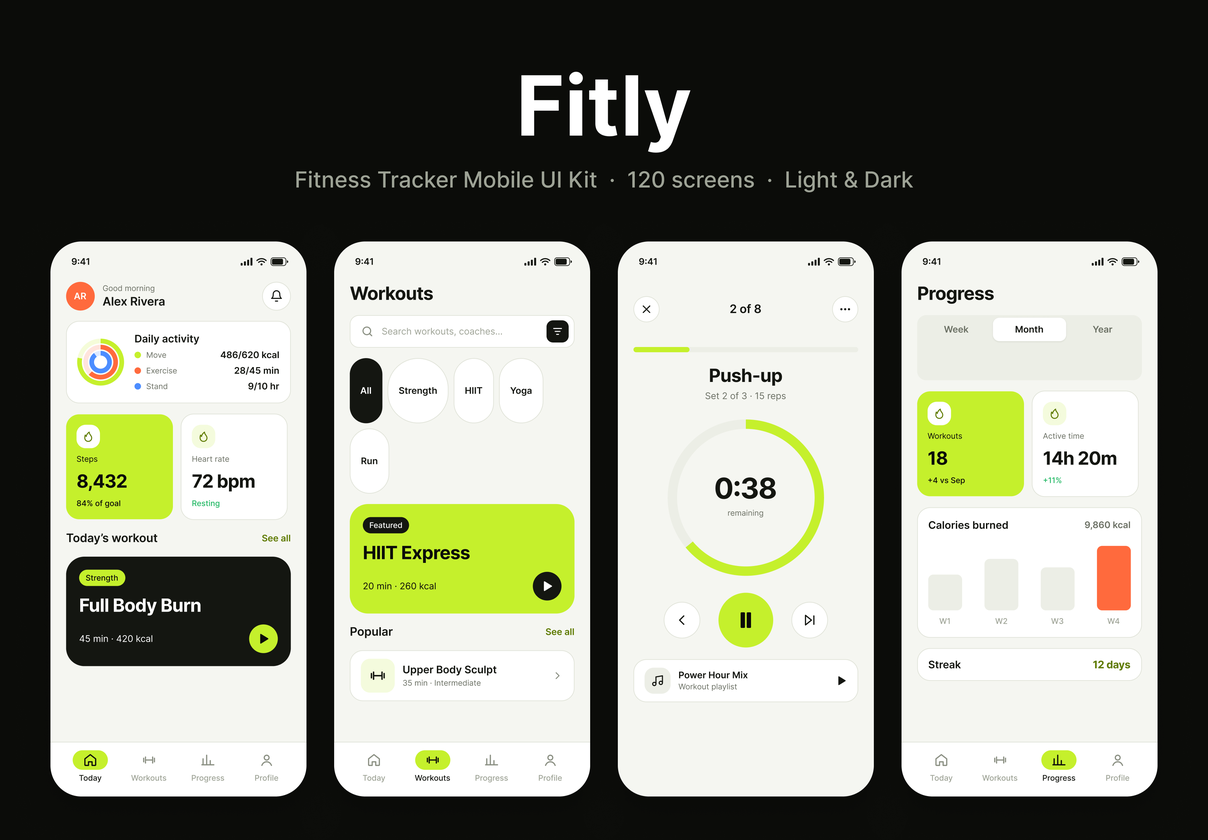 健身追踪App UI套件（Figma），Fitly – Fitness Tracker Mobile UI Kit