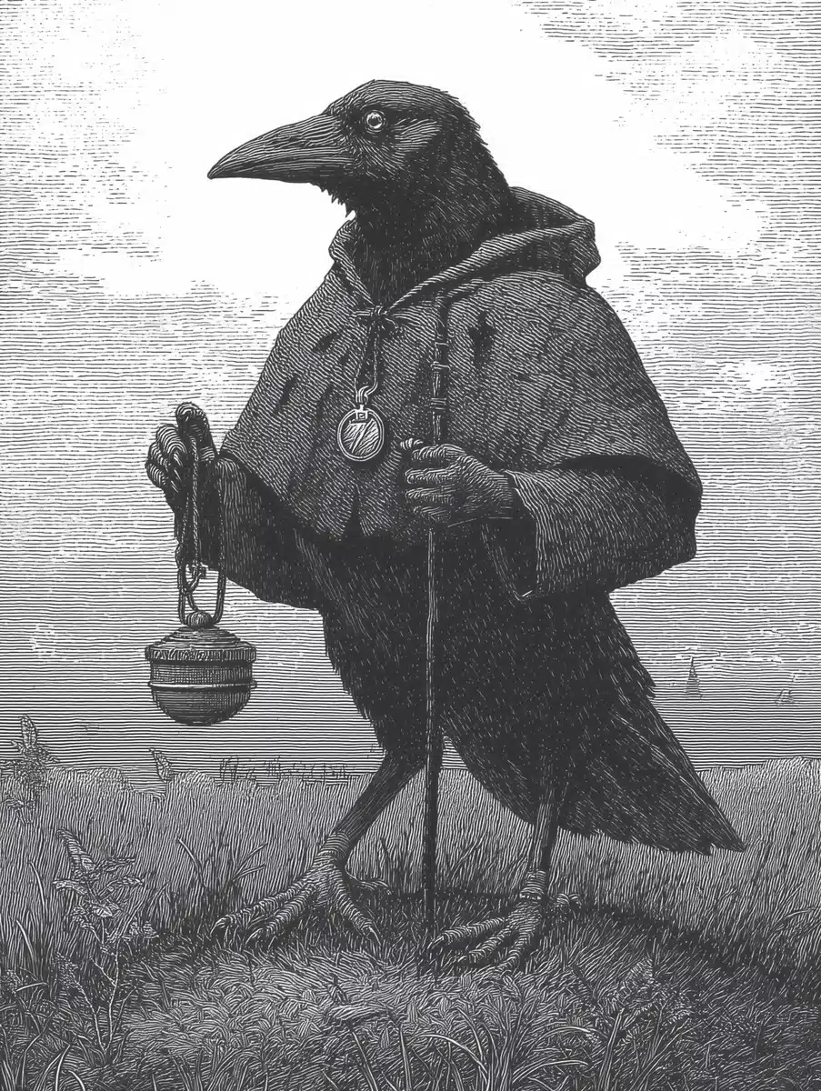 Engraved Crow in Cloak Midjourney提示词