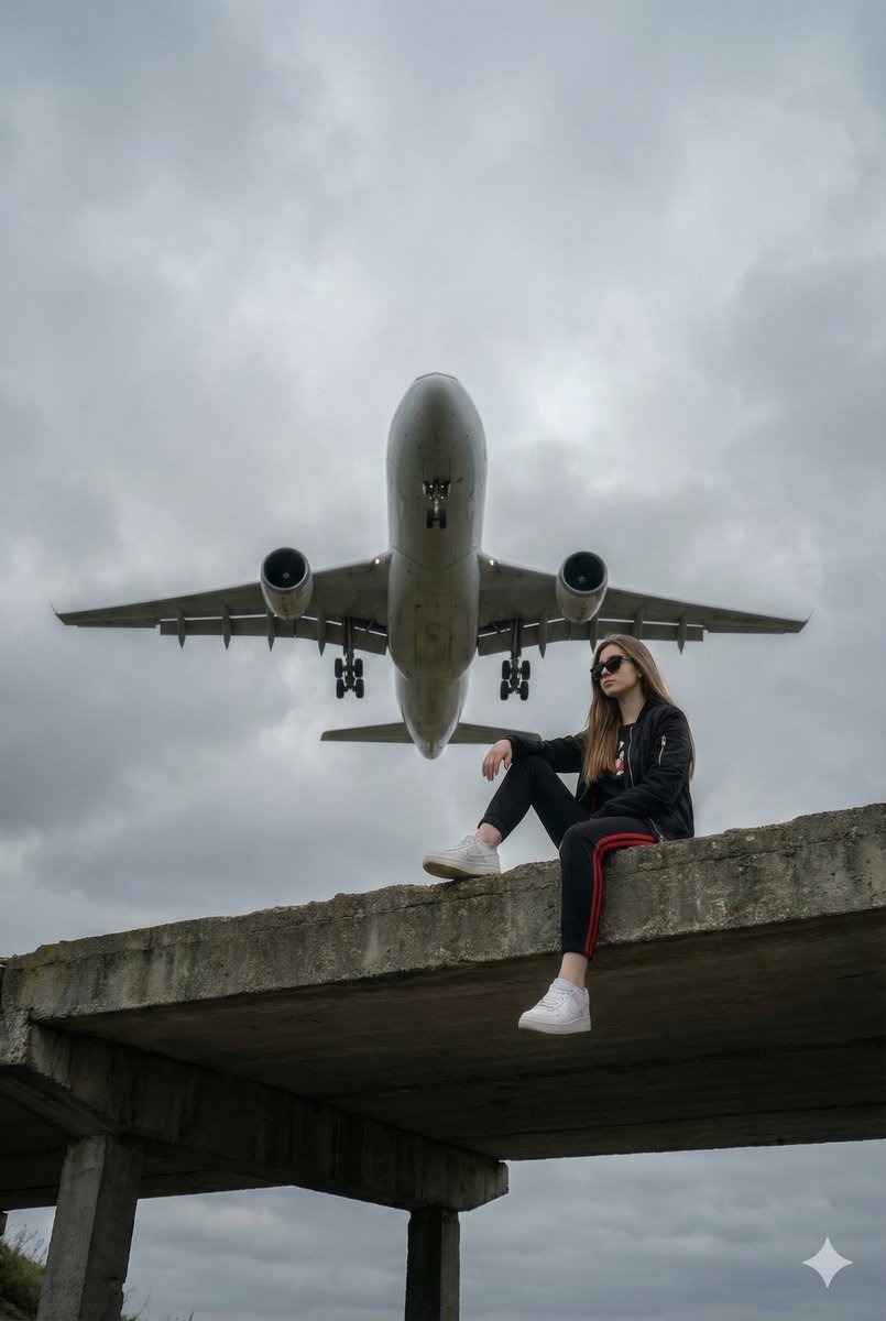 Woman on Ledge, Dramatic Low-Flying Airplane Urban Photo Nano Banana提示词