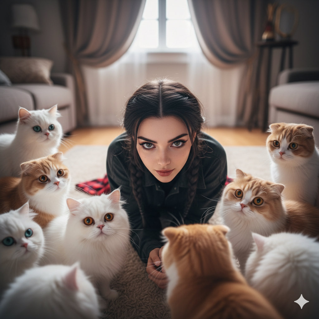 Photorealistic Portrait: Woman & Cats in Cozy Home Nano Banana提示词