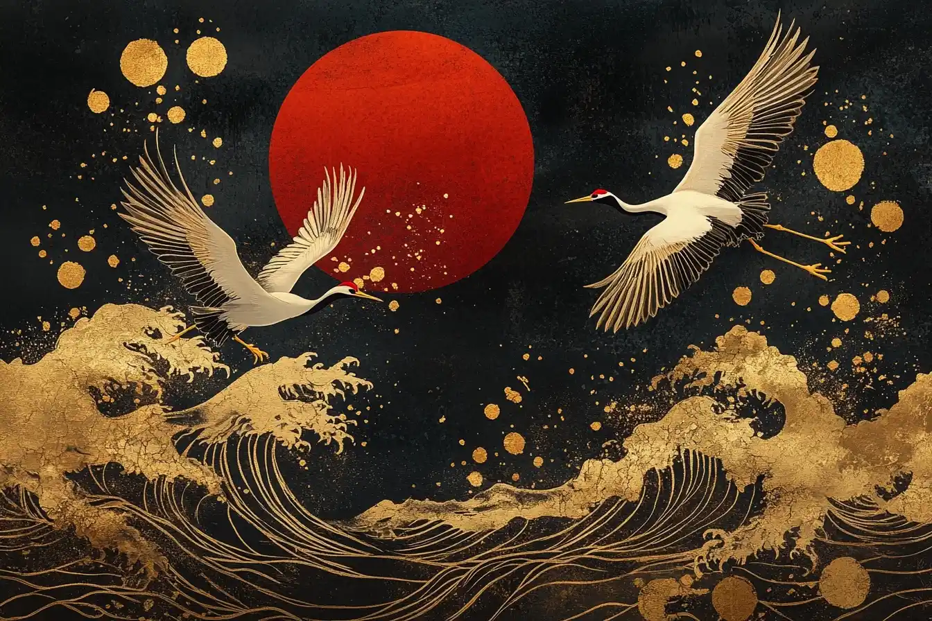 Golden Cranes and Waves Midjourney提示词