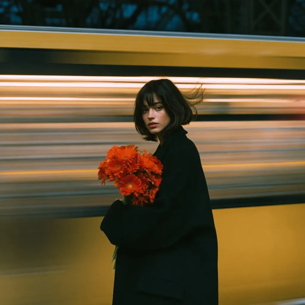 Cinematic Woman Subway Platform Midjourney提示词