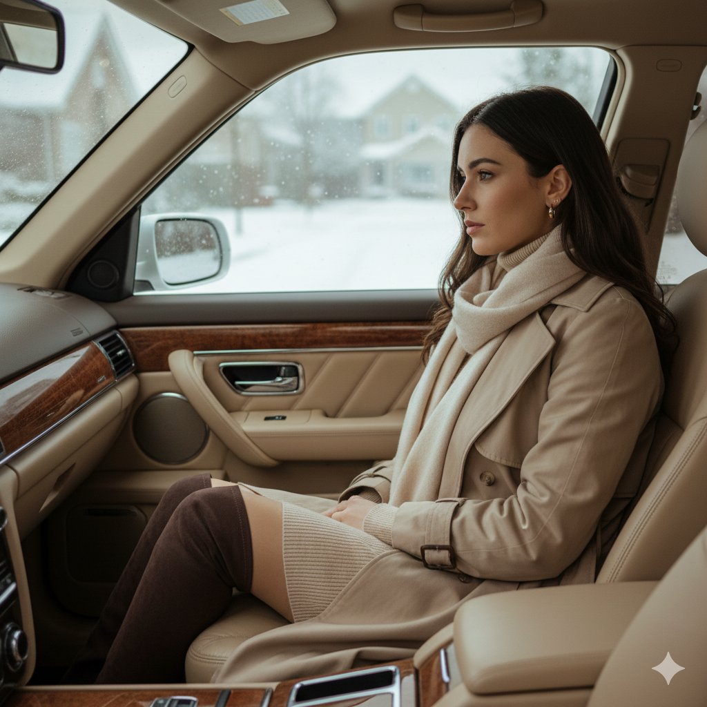 Winter Fashion: Elegant Woman in Car with Trench Coat Nano Banana提示词