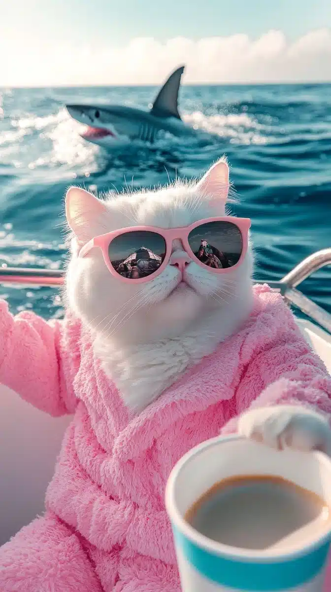 Pastel Cat Selfie at Sea Midjourney提示词