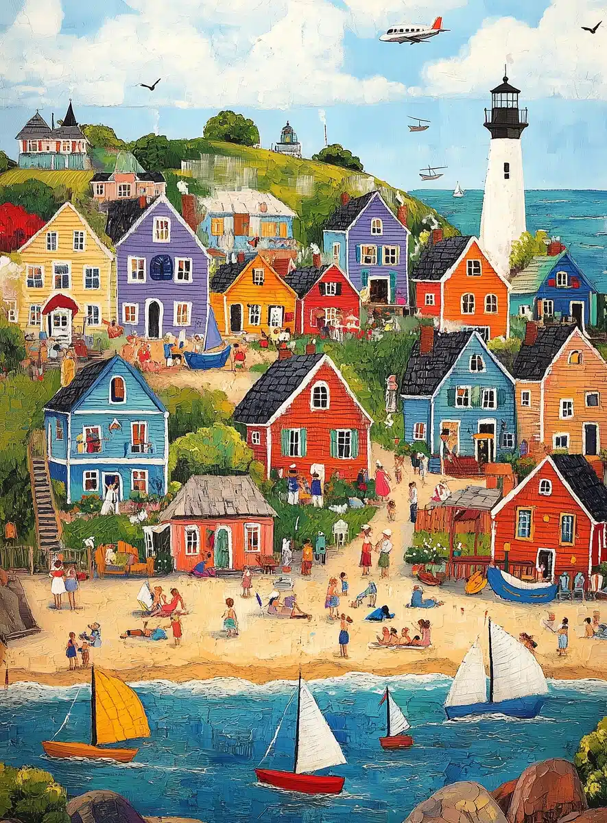 Vibrant Beach Scene Byerley Midjourney提示词