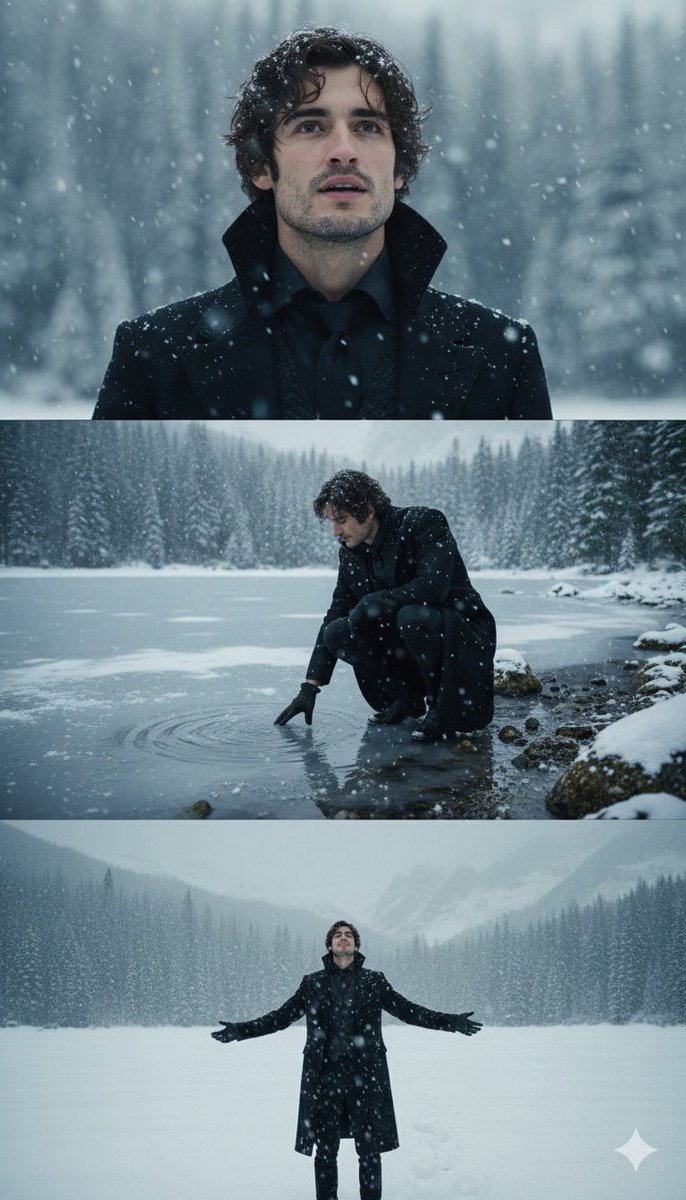 Cinematic Winter Portrait: Man in Snow & Frozen Lake Nano Banana提示词