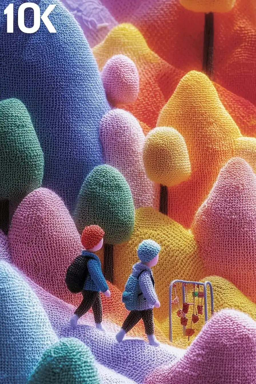 Pastel Travelers in Knit Landscape Midjourney提示词