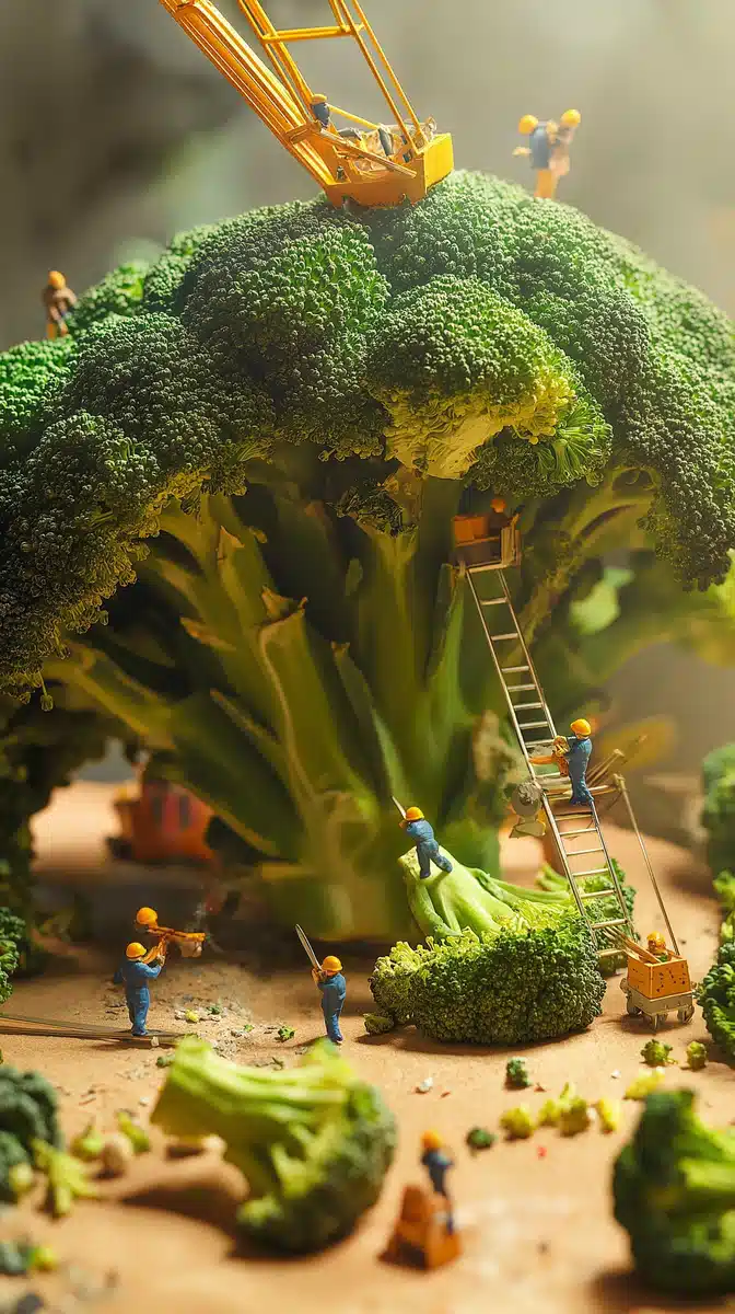 Miniature Workers Tending Broccoli Midjourney提示词