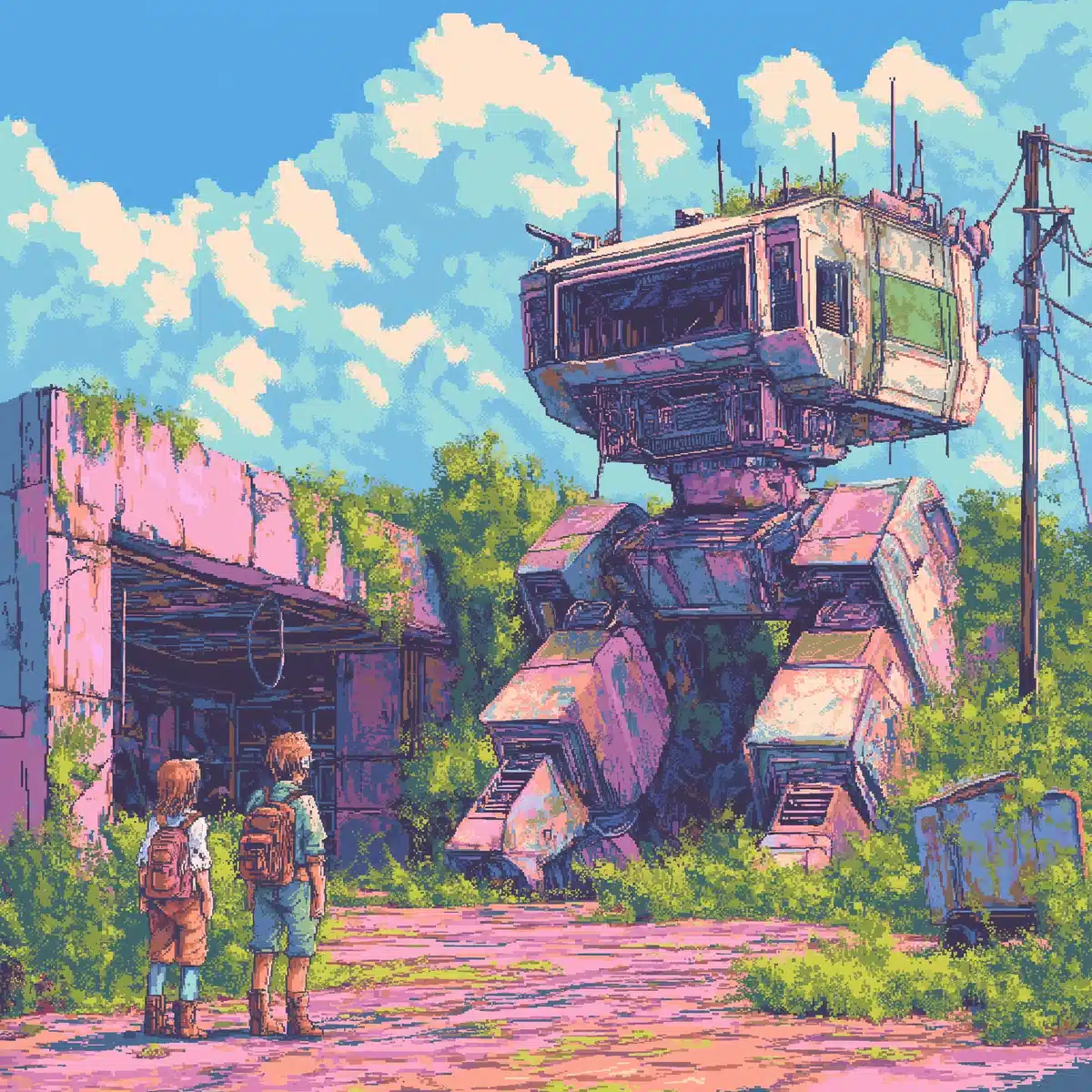 Pixel Art Mecha Ruins Midjourney提示词