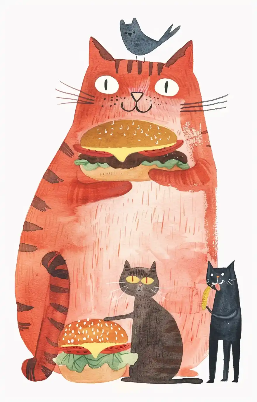 Minimal Cat Burger Feast Midjourney提示词