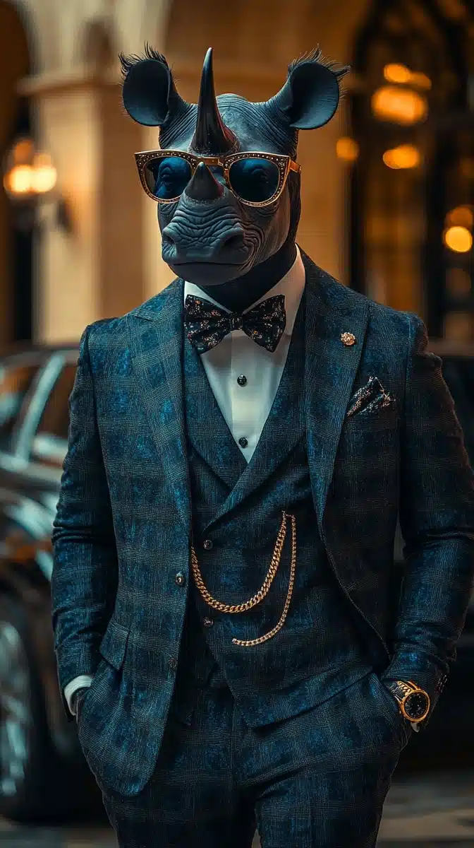 Ultra-Realistic Rhino Businessman Midjourney提示词