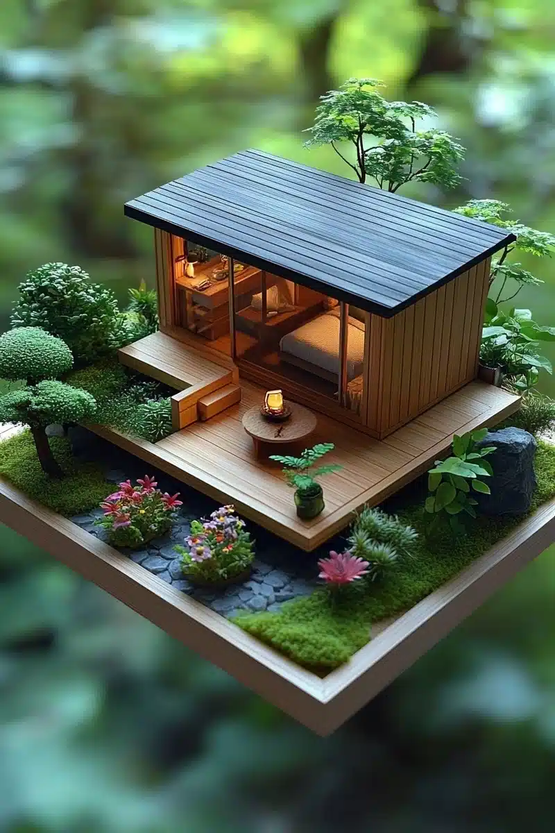 Minimalist Cabin in Garden Midjourney提示词