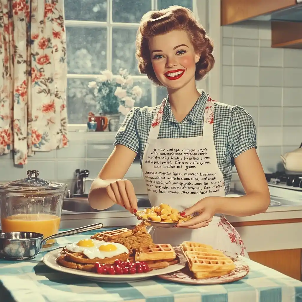 Vintage Housewife in Kitchen Midjourney提示词