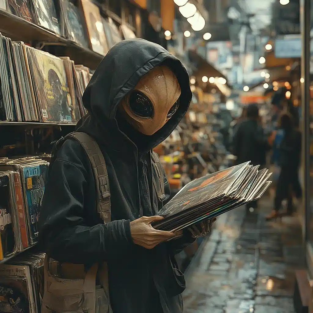 Urban Alien in Record Store Midjourney提示词