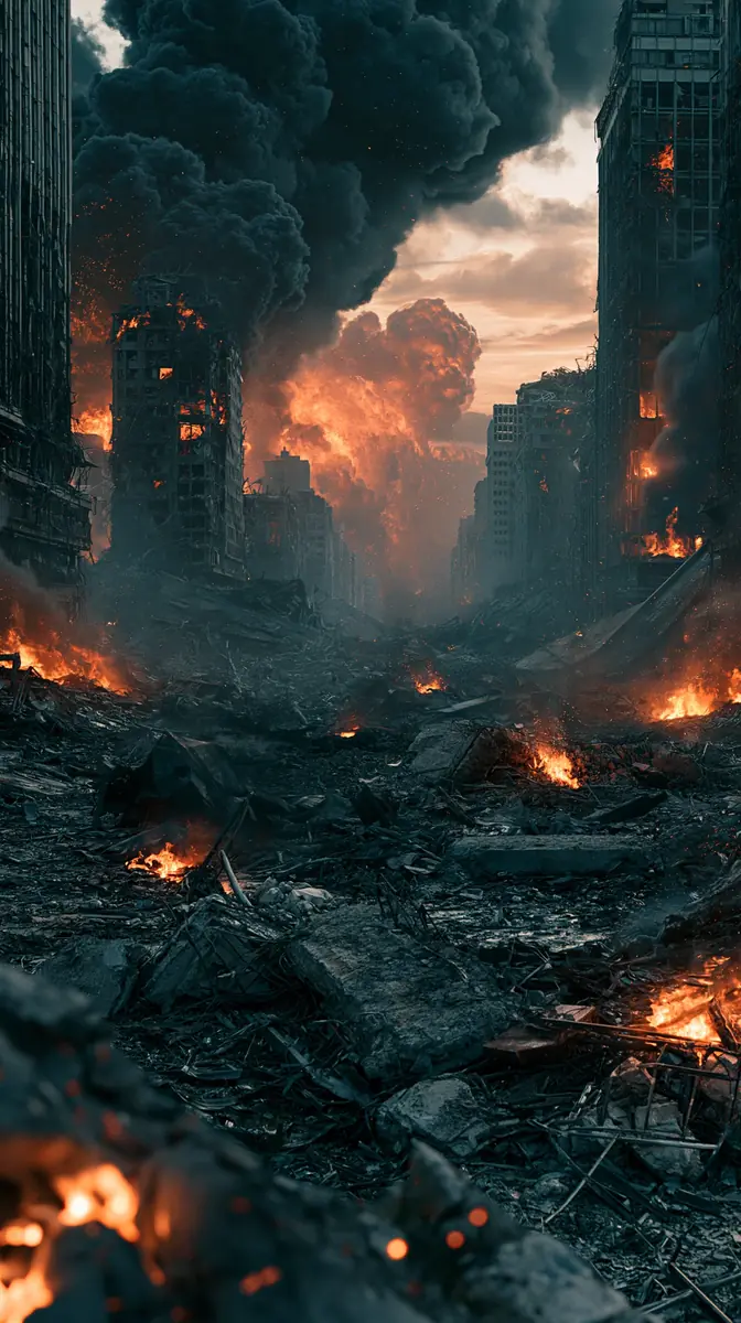Cinematic Devastated Modern City Midjourney提示词