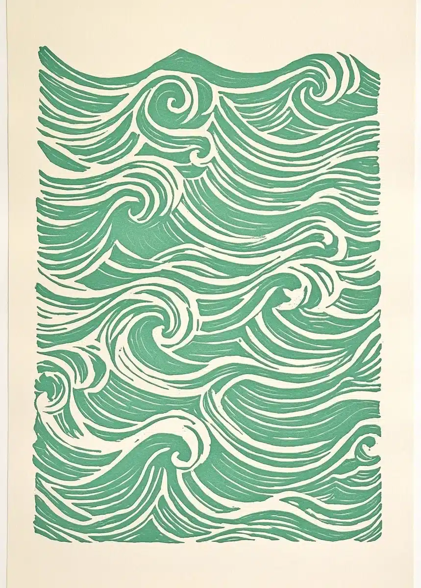 Linocut Waves in Green Midjourney提示词