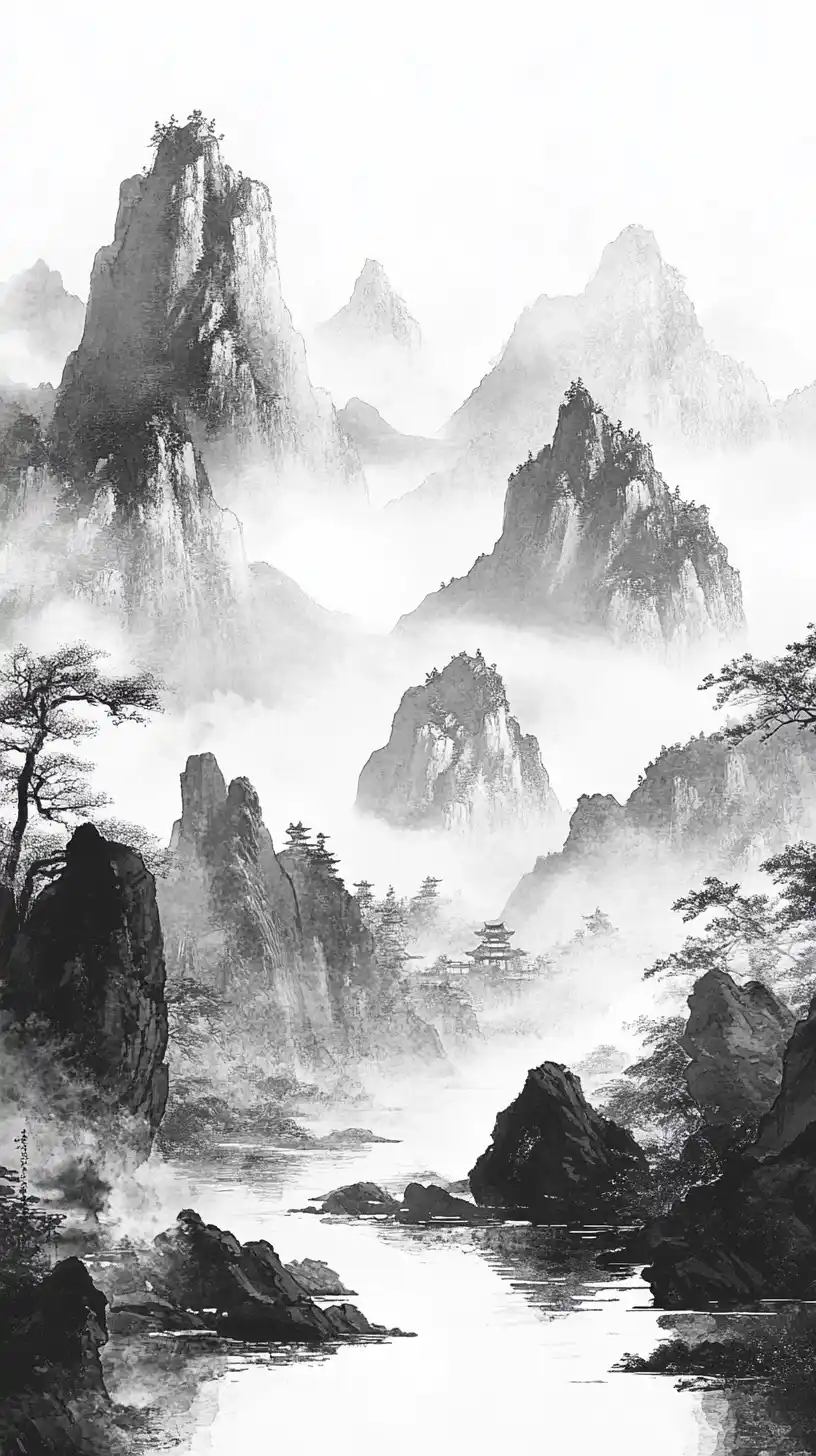 Qing Dynasty Ink Landscape Midjourney提示词