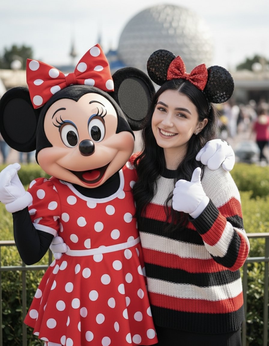 Minnie Mouse & Young Woman at Disney Theme Park Portrait Nano Banana提示词