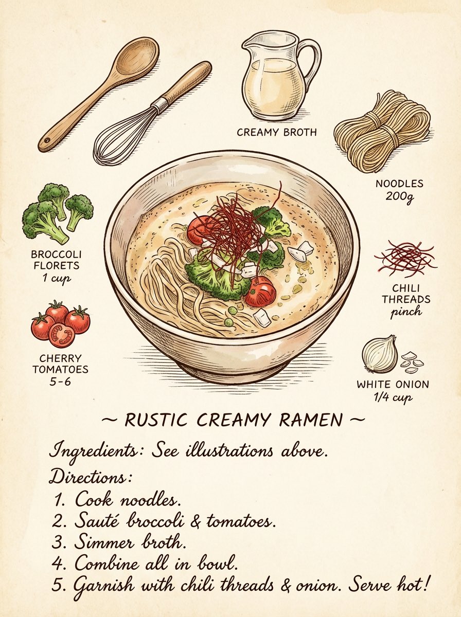 Rustic Creamy Ramen Recipe - Hand-Drawn Food Illustration Nano Banana提示词