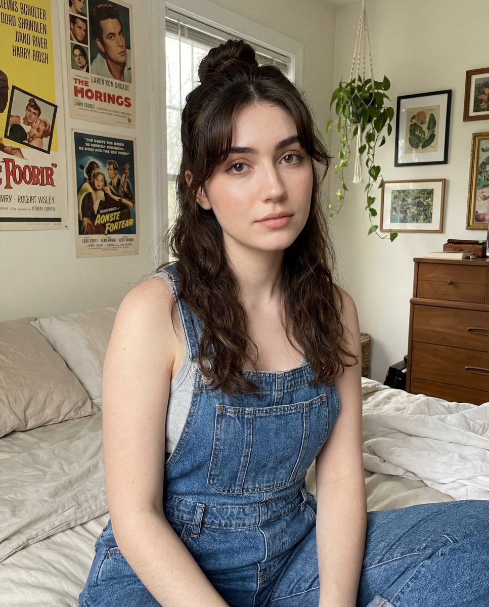 Casual Portrait of Young Woman in Overalls, Natural Light Nano Banana提示词
