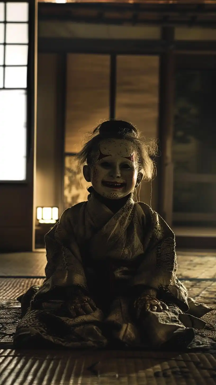 Eerie Zashiki-warashi in Shadows Midjourney提示词