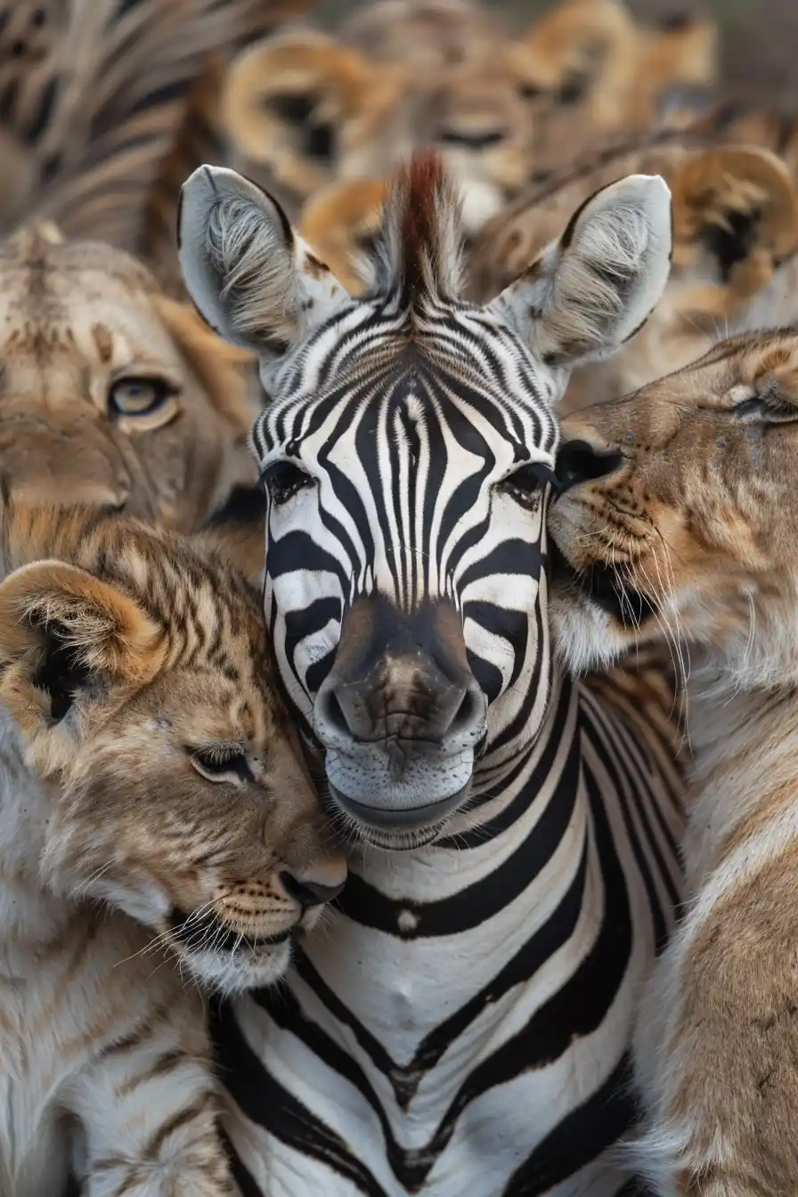 Zebra Portrait with Lions Midjourney提示词