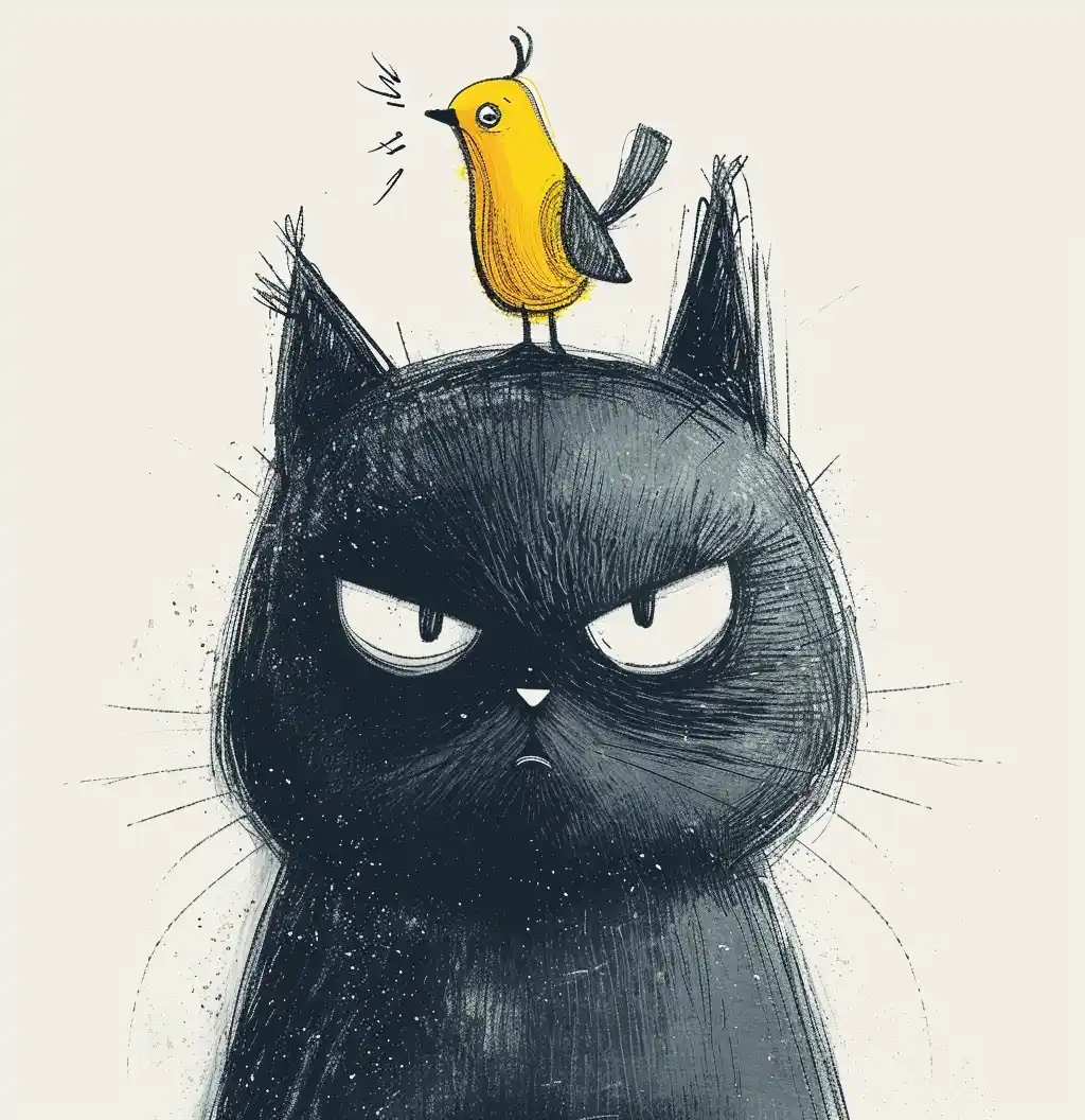 Angry Cat with Canary Minimalistic Line Art Midjourney提示词