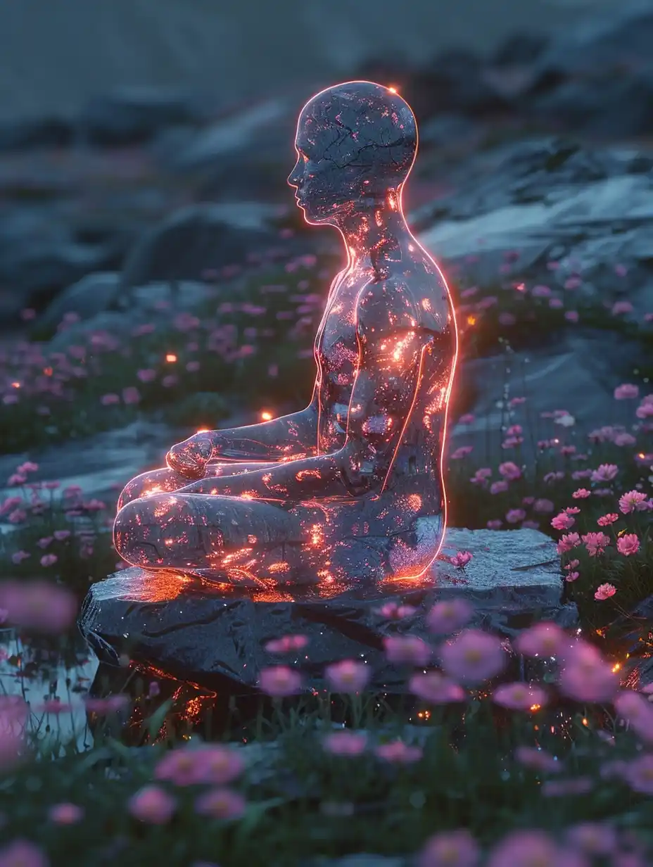 Crystal Seated Figure in Neon Midjourney提示词